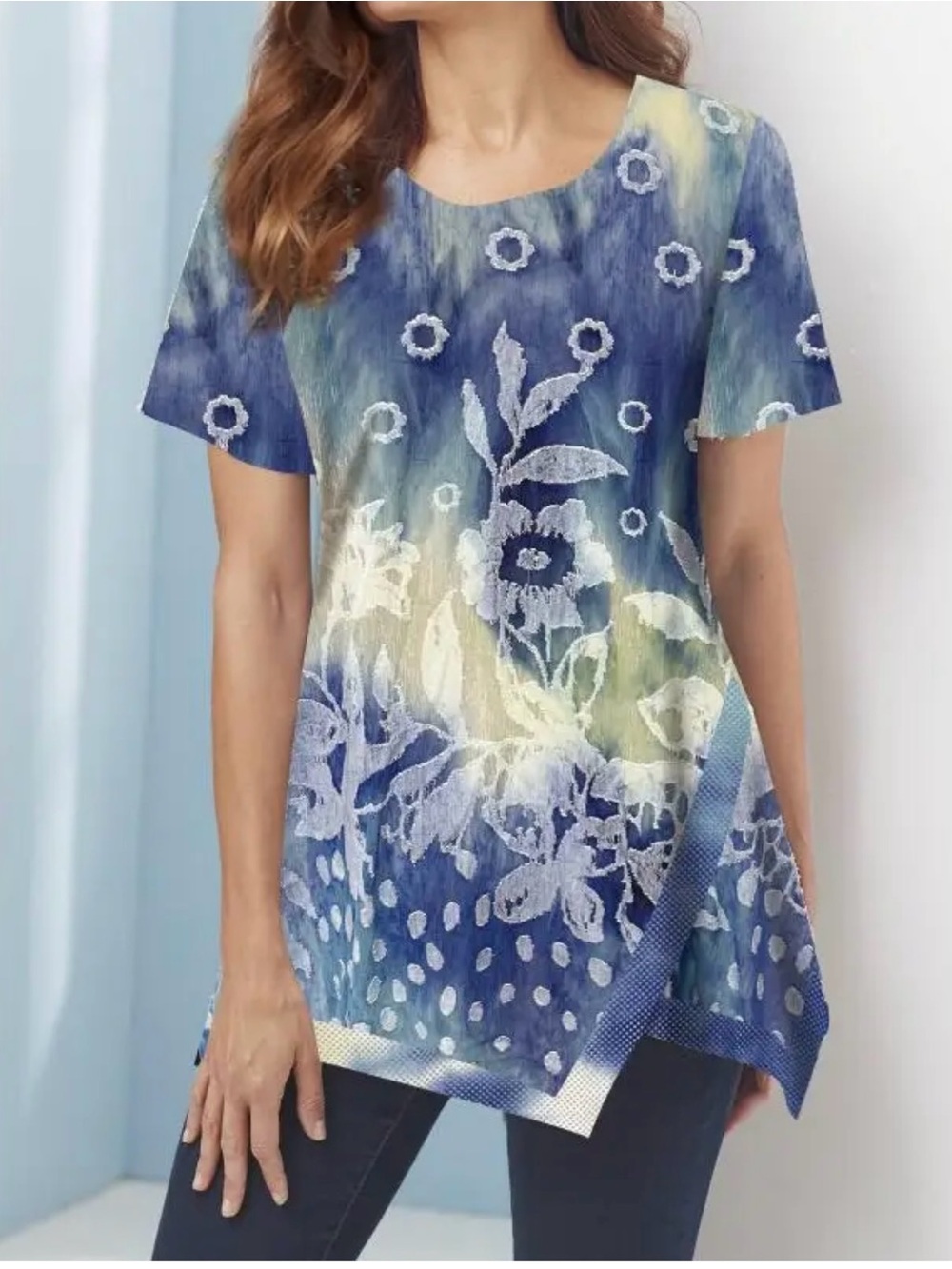 Rosegal Blue & Cream Floral Short-Sleeve Tunic